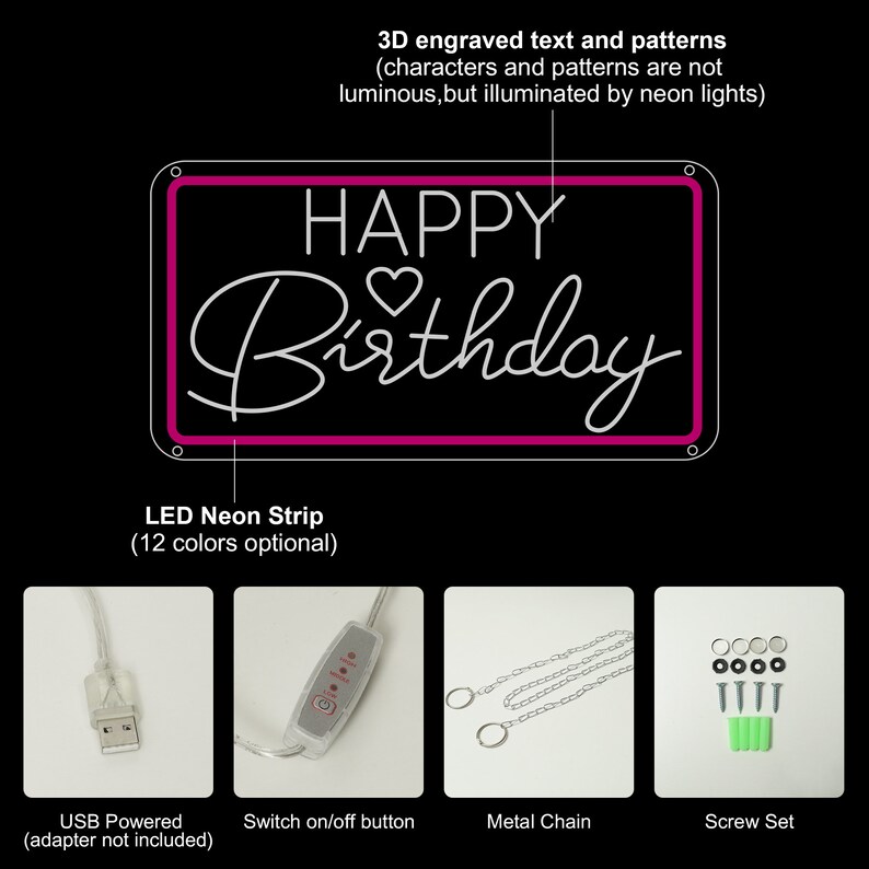 Op de afbeelding: Een roze neon-bord met de woorden "HAPPY Birthday" in wit schrift. Het bord wordt gevoed door een USB-kabel en wordt geleverd met een schakelaar, ketting en schroeven om op te hangen.