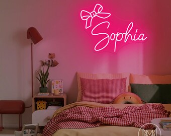 Custom Bow Name Neon Sign Pink Bow LED Name Neon Sign Girl's Room Nursery Dorm Decor Home Wall Decor Birthday Party Gift Girly Name Wall Art