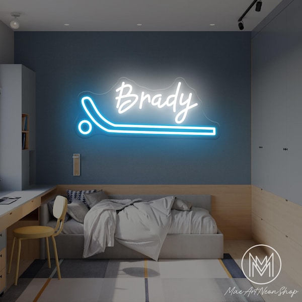 Letrero de neón personalizado de hockey con nombre de jugador de hockey. Decoración de pared para habitación de adolescentes y niños. Letrero deportivo personalizado con nombre para niños. Regalo de hockey. Regalo de Navidad.
