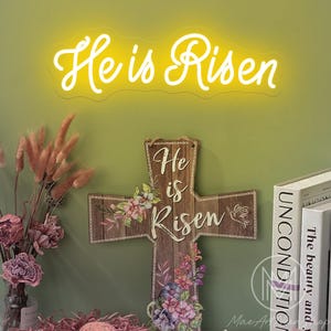 Ele ressuscitou placa de néon, decoração de parede de feliz Páscoa, placa de LED de Jesus, luz de néon de Cristo, placa de fé religiosa, presente para cristãos, decoração de igreja