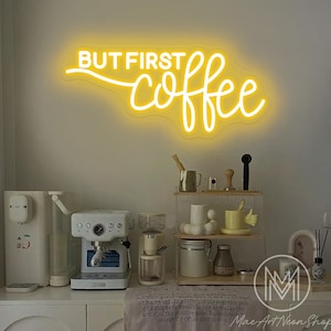 Mas primeiro, placa de néon de café, decoração de néon de café, decoração de bar de café, decoração de parede de cozinha, presente para amantes de café, decoração de cozinha de café