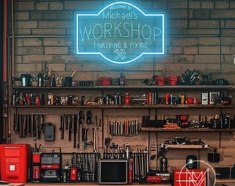 Letrero de neón de taller personalizado, letrero de reparación de chapas, letrero iluminado para el cobertizo de papá, regalos para la cueva del hombre, decoración de taller, arte mural de taller, regalos para él