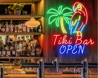 Tiki Bar Open Neon Sign, Tiki Bar Neon Sign, Parrot Palm Decor, Palmtree Tiki Bar Light Sign, Restaurant Decor, Neon Bar Decor, Gift for Him