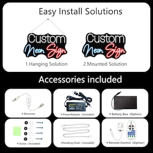 K&ouml;nnte beinhalten: Bild eines individuellen Neon-Schilds mit dem Text "Custom Neon Sign" in rotem und blauem Neon. Das Bild zeigt auch Zubeh&ouml;r wie einen Dimmer, ein Netzteil, eine Batteriebox, Schrauben, eine Aufh&auml;ngekette und eine Fernbedienung.