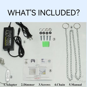 May include: A set of five items included with a light fixture: a black power adapter, a white dimmer switch, three screws, a silver chain, and a printed instruction manual. The text on the manual reads "2 METHOD Suspended type Fixed type".
