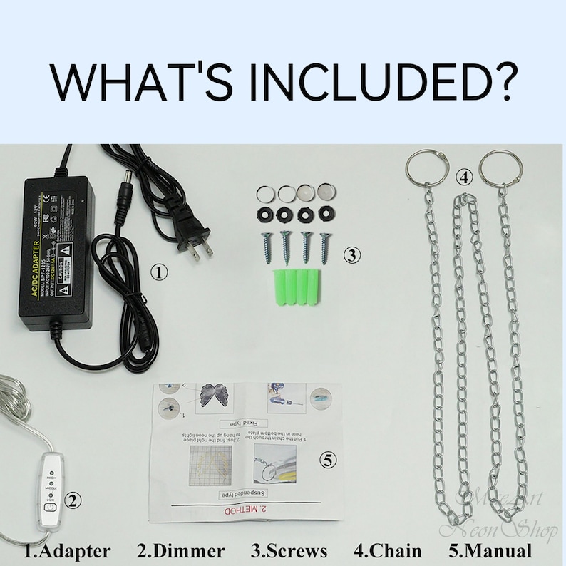 May include: A set of five items included with a light fixture: a black power adapter, a white dimmer switch, three screws, a silver chain, and a printed instruction manual. The text on the manual reads "2 METHOD Suspended type Fixed type".