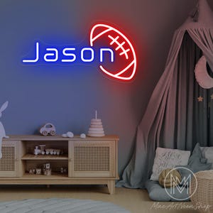 Placa de neon de bola de rúgbi personalizada, placa com nome de futebol para crianças, decoração de quarto de futebol, presentes de futebol, decoração de futebol, decoração de quarto infantil, presentes de aniversário