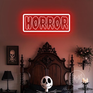 HORROR Movie Neon Sign, USB Light Up Sign, Gothic Decor, Gift for Horror Decor Fans,Dark Art Sign,Scary Halloween Party Decor,Gift for Him