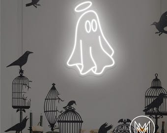 May include: A white neon ghost sign with a halo, surrounded by black crow silhouettes and decorative birdcages. The sign is a Halloween decoration. The shop logo "Mae Art Neon Shop" is in the bottom right corner.