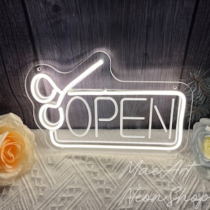 Insegna al neon aperta da barbiere, insegna LED USB incisa in 3D, insegna al neon a forbici, insegna aperta, insegna per parrucchiere, arredamento per salone di bellezza, arredamento per negozio di barbiere