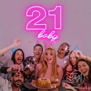 Letrero de neón de 21 años para bebés, letrero luminoso personalizado para el 21.° cumpleaños, letrero de feliz cumpleaños, letreros luminosos LED personalizados, letreros de cumpleaños de 21 años para bebés, decoración para fiestas de cumpleaños