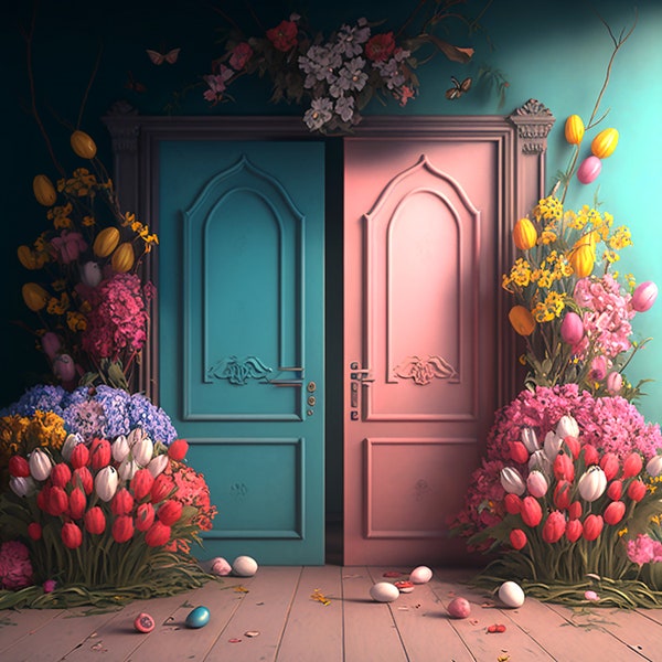 Easter Blue and Pink Door Digital Download Backdrop, Spring Floral Background for maternity, children, portrait photography composite tool