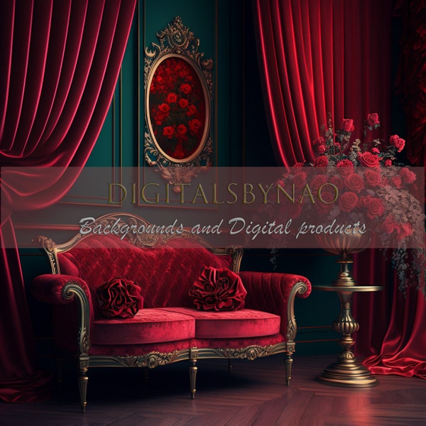 Red Floral Room with Velvet Sofa Digital Background, Maternity and Portrait Backdrop, Boudoir Background, Studio Photography Background