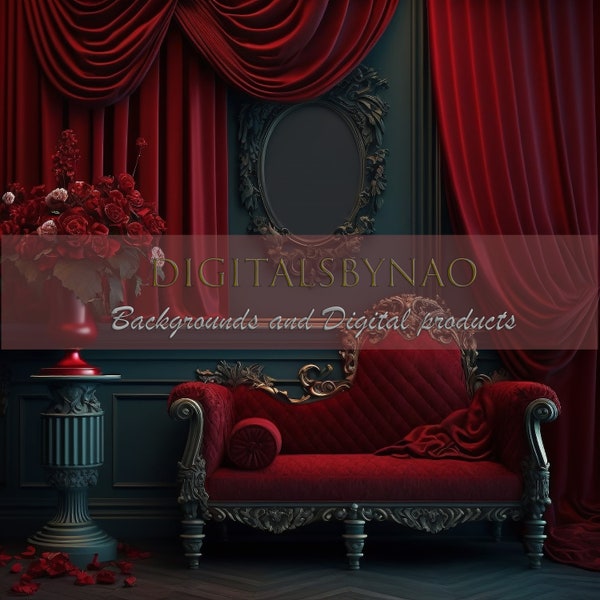 Red Clasical Room Digital backdrop, Portrait and Maternity Background, Baroque Velvet Sofa and Red Roses Overlay for studio photography