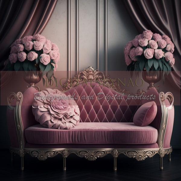 Pink Baroque Neoclassical Velvet Sofa, Digital backdrop for Portrait and Maternity Photography, Fine art overlays, PNG