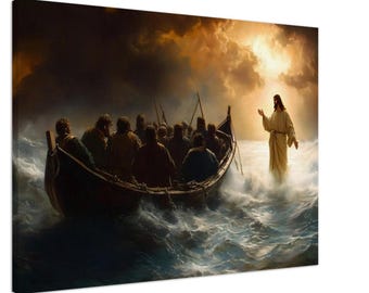 May include: A canvas print depicting a biblical scene. A wooden boat with several figures is on turbulent water. A figure in a robe stands in the water with arms outstretched, illuminated by a bright light against a dark, stormy sky.