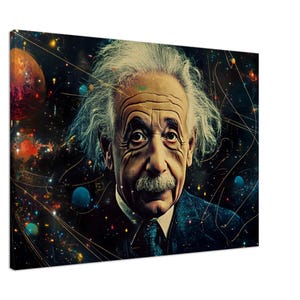 May include: A canvas print featuring a portrait of Albert Einstein with a cosmic background. The image shows Einstein with white hair and a mustache, set against a backdrop of planets, stars, and swirling lines.