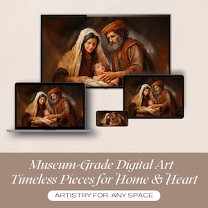 May include: A digital art print of a painting depicting the Holy Family. The painting shows Mary, Joseph, and the baby Jesus. The painting is in a warm, earthy colour palette and is framed in a simple, black frame. The print is available in a variety of sizes and is perfect for adding a touch of faith and beauty to any home.