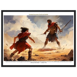 以下が含まれることがあります： ダビデとゴリアテの聖書物語を描いた額入りのプリント。このアートワークは、赤い服を着た人物と鎧を着た人物の2人が戦っている様子を描いています。「Courage Overcomes: David and Goliath」というテキストが上部にあります。
