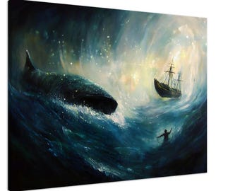 Jonás y la ballena: arte bíblico dramático en lienzo / arte mural cristiano de calidad de museo / envío gratuito
