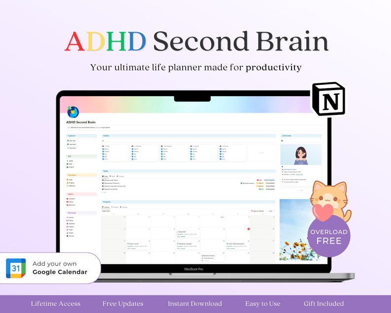 Notion ADHD Second Brain Productivity Project Management Personal Work ...