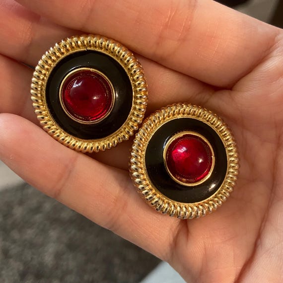 vintage unsigned Ruby Red glass cabochons enamel … - image 2