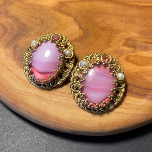 Vintage signed west Germany pink porphyry glass cabochons filigree earrings