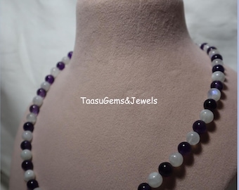 Amethyst and Moonstone Beaded Necklace, Sterling Silver Lock