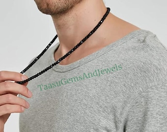Colar de contas de espinélio preto em prata de lei, colar de pedras preciosas para usar em camadas