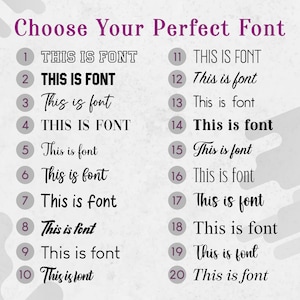 May include: A chart with 20 different font styles, numbered 1 through 20, showing the text "This is font" in each style. The chart is on a white background with a purple border.