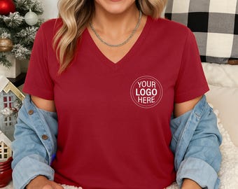 Custom Your Logo Here V Neck Shirt, Personalized Business Pocket Logo, Custom Saying Outfit, Personalised V Neck Shirt Women Clothing