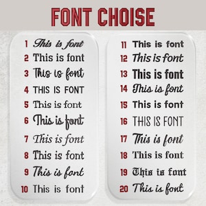 May include: Image showcasing font options, labeled "FONT CHOISE." Two columns display various font styles numbered 1-20, each demonstrating the text "This is font." The fonts vary in style, with some in bold and others in italics.