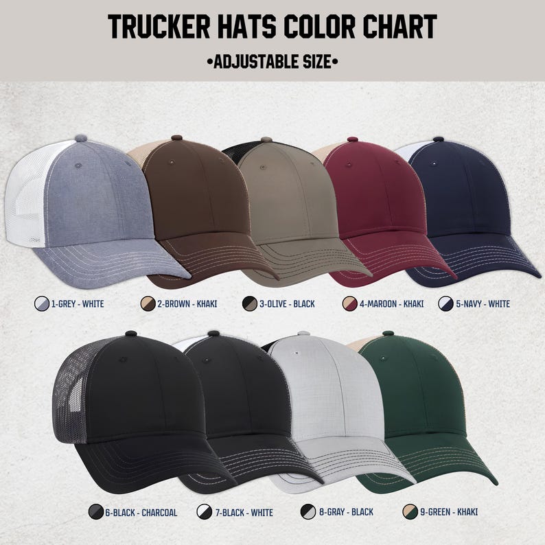 May include: A color chart of trucker hats in various colors, including grey, brown, olive, maroon, navy, black, white, and green. Each hat has a mesh back and a curved brim. The text "TRUCKER HATS COLOR CHART" and "ADJUSTABLE SIZE" is displayed at the top.