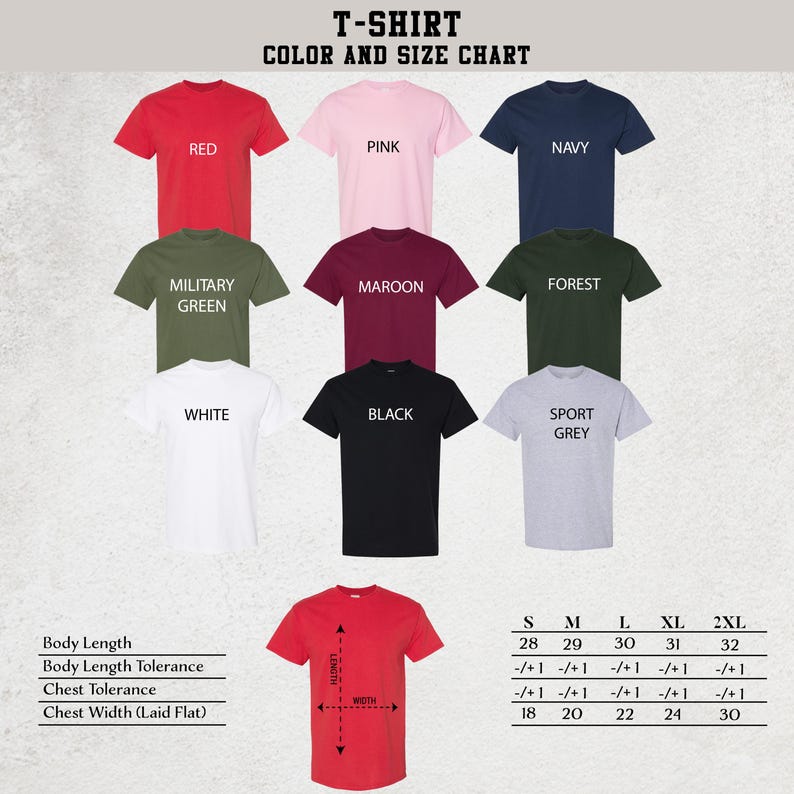 a color and size chart for a collection of T-shirts, with various color options and corresponding sizes.