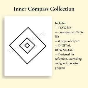 Puede incluir: Gráfico de descarga digital titulado "Inner Compass Collection". La imagen presenta un diseño geométrico negro de formas de rombos anidados sobre un fondo blanco. El texto incluye "Includes: 1 archivo SVG, 1 archivo PNG transparente, 8 páginas de imágenes prediseñadas, DESCARGA DIGITAL."