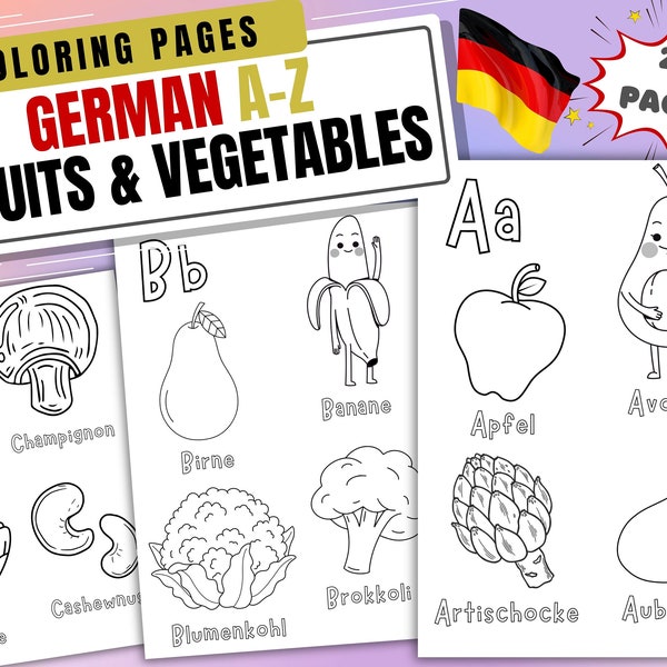 German Alphabet | A-Z Printable Alphabet Coloring Pages | Fruits & Vegetables | Coloring book kids | Coloring Sheets | Digital download PDF