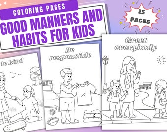 Buenos modales y hábitos para niños / Páginas de libros para colorear / Descarga instantánea / 25 páginas para colorear / Hojas para colorear para niños