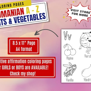 Puede incluir: P&aacute;gina para colorear en blanco y negro con la letra V e ilustraciones de frutas y verduras rumanas, incluyendo cerezas, col, vainas de vainilla y berenjena. La p&aacute;gina mide 8,5 pulgadas por 11 pulgadas y est&aacute; disponible en formato A4.