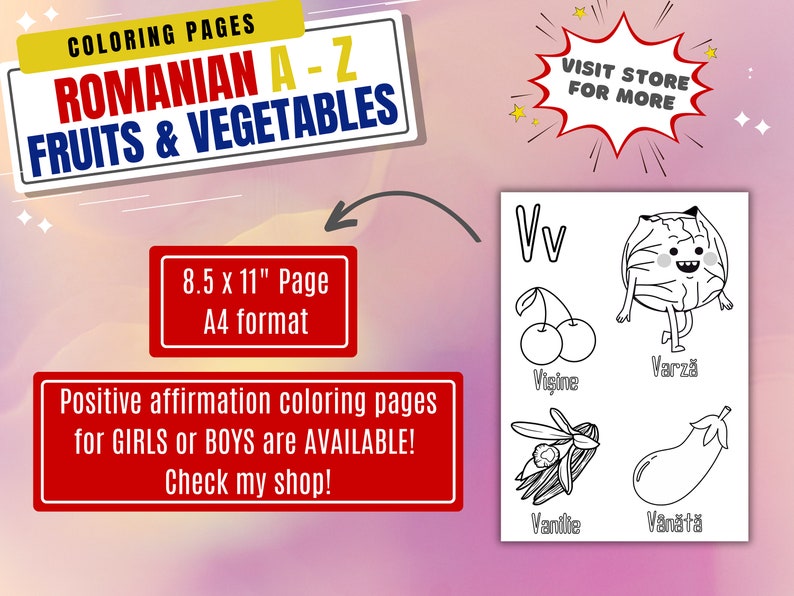 Puede incluir: P&aacute;gina para colorear en blanco y negro con la letra V e ilustraciones de frutas y verduras rumanas, incluyendo cerezas, col, vainas de vainilla y berenjena. La p&aacute;gina mide 8,5 pulgadas por 11 pulgadas y est&aacute; disponible en formato A4.