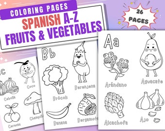 Alfabeto Español / Abecedario en Español / A-Z Imprimible Alfabeto Páginas para colorear / Frutas y verduras / Hojas para colorear / Descarga digital PDF