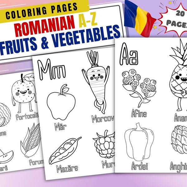 Romanian Alphabet | A-Z Printable Alphabet Coloring Pages | Fruits&Vegetables | Coloring book kids | Coloring Sheets | Digital download PDF
