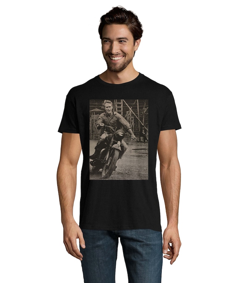 Steve McQueen The Great Escape Movie Poster Unisex Men's Cotton T-Shirt Black