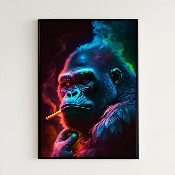 Gorilla Neon Painting Poster | Wall Art | Smoke | Neon | Home Decor | Man Cave | Painting | Vibrant