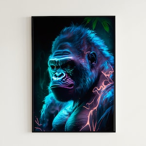 Gorilla Neon Pittura Poster / Arte della parete / Fumo / Neon / Decorazioni per la casa / Man Cave / Pittura / Vibrante