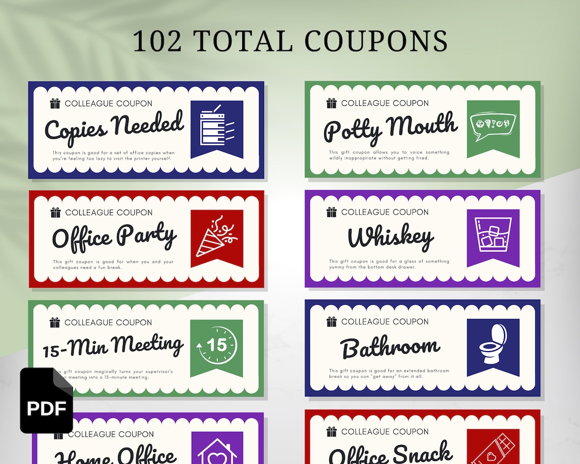102 Funny Colleague Coupons Office Employee Gift, Gift Ideas, Printable, Work Secret Santa, Cool
