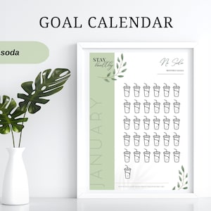 May include: A framed goal calendar with the text "GOAL CALENDAR" at the top. The calendar is for January and has a "No Soda" goal with a series of cup icons. A white vase with green leaves is to the left.