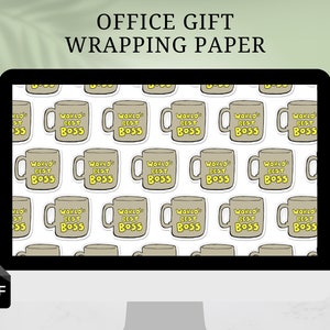May include: A digital illustration of a repeating pattern of coffee mugs with the text "World's Best Boss" in yellow on a beige background. The image is displayed on a computer screen with the text "Office Gift Wrapping Paper" and "PDF" visible.