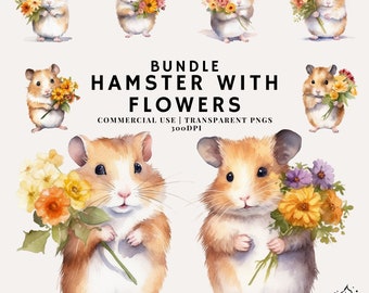 Watercolor cute hamster with flowers Bundle Clipart | PNG | Commercial Use | Instant Download | 300DPI