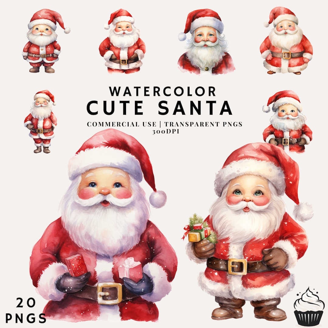 Watercolor Cute Santa Claus Clipart | Christmas PNG Bundle (commercial ...