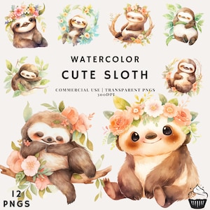 Watercolor Cute Baby Sloth Clipart Bundle | PNG | Commercial Use | Instant Download | 300DPI